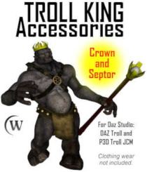 TROLL KING Accessories by Winterbrose. Take control of your fantasy world by crowning the Troll as King! This set includes the crown and septor and was designed for the Daz Troll. It also includes two wearable presets to fit the accessories to your troll; one for the original Daz Troll and one for the Genesis Troll.