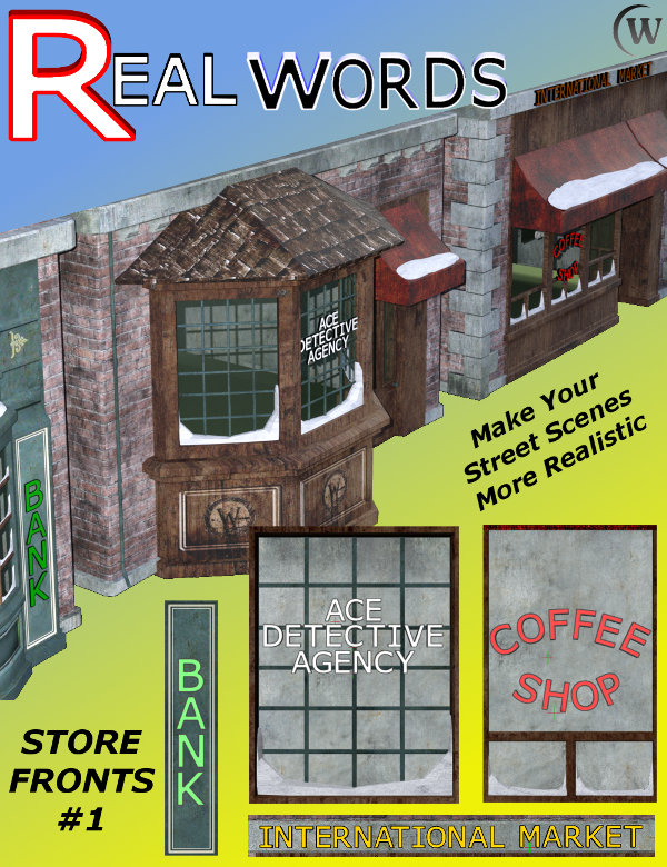 REALWORDS Business Store Fronts can make your street scenes in Daz Studio look more realistic by adding buisness names to your buildings and structures.