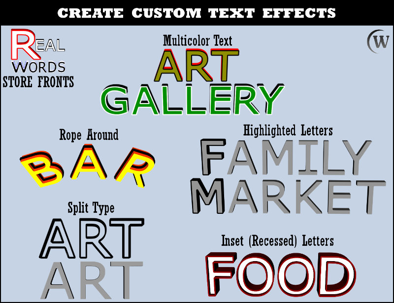 With REAL WORDS, you can create many different customized effects using scaling and color.  Quickly create multicolor text, rope around text, highlighted letters in text, split type text, or inset (recessed) letters in text.