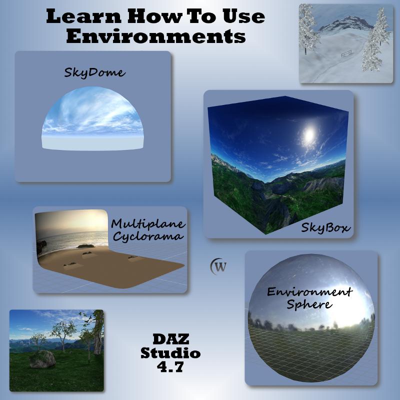 Using Environments, RESOURCES, LETS GET STARTED, Genesis Starter Essentials, Adding to Your Scene, LIGHTS AND MATERIALS, Skydome, Multiplane Cyclorama, Materials, Built-in Lighting, ENVIRONMENT PROPS, 3D Starter Pack, Easy Environments, CHANGING YOUR ENVIRONMENT, Millennium Environment, Dystopia City