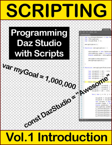 So you think you can program (code) Daz Studio without any help? Go for it. However, if you have not had any schooling (education) or real experience with how to properly write code for applications (app) or software, then you may be in for a real eye-opener. This volume demonstrates how to begin writing your own code (programming); no previous programming experience required. Start here if you are unfamiliar with how to write code, or just need a quick overview of how to start coding within Daz Studio. No additional programming tools are required! Everything you will learn is contained within Daz Studio. This volume will set the foundation you need by providing you with the basic skills needed to begin coding. Modules included are, 1 PREPARING DAZ STUDIO, 2 GETTING STARTED, 3 SECURING YOUR CODE, 4 DEBUGGING, and 5 HANDLING DATA. If you like Daz scripting and persue further development of your skillset, you will eventually be able to take control your scenes and animations within Daz Studio with your own code. Properly designed scripts can extend the capabilities of Daz Studio and speed up your project workflow. By using scripts, you can minimize or even eliminate the burden of repetitive, mundane and boring tasks allowing more time to focus on other aspects of your project. Get started today and see if Daz Scripting is for you!