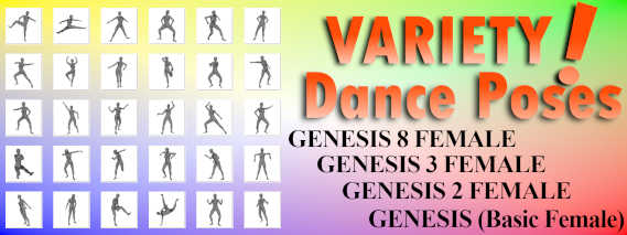 Variety Dance Pose Set for Genesis 8 Female (G8F, Genesis 3 Female (G3F), Genesis 2 Female (G2F), and Genesis Basic Female (G1F), 30 Dancing Poses for each figure