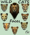 Big cat and feline lovers will delight in this set of wild cat faces showing some of today's most fearsome predators along with one prehistoric big cat. This collection features a set of eight (8) PNG files with transparency for the following Wild Cats - Lion, Lioness, Cheetah, Puma, Jaguar, Sabertooth, Leopard, Tiger
