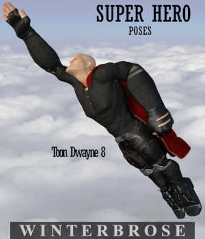 SUPER HERO Poses for Toon Dwayne 8 (TD8) for Genesis 8 Male (G8M) in Daz Studio. What would you do if you had the power to fly and bounce bullets or lasers off of your skin? Would you hide your powers and just try to be normal, or would you become the world's next super-hero or super-villain? This set of twenty-four (24) poses will enhance the story you have to tell with your rendered project whether it's artwork, book cover, or action comic. Let's hear what Toon Dwayne 8 has to say about being a Super Hero; "I may seem clumsy to you when I walk because I am so muscular and strong. I am so strong that I can bust down any door or wall. However, when I fly, I move through the air like a wasp, and with my fists I can sting like a bee." Includes Dead Falling, Freefall Slow, Up-Up and Away, Freefall Fast, Spinning Take-off, One-hand Take-off, Hover Above, Grabbing Intercept, Fly Overhead, Gentle Landing, Beam or Block, Angry Stare, Straight Up, Aerial Surfer, Hover Down, Kneeling Launch, Aerial Block, Leap and Fly, Aerial Power Punch, Powerless Fall, High Kick, Leap Off Edge, Right Punch, Shoulder Wall