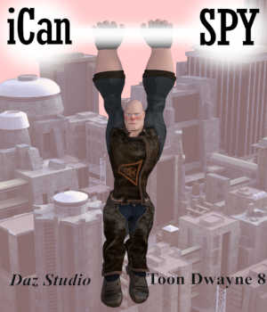 iCan SPY Poses for Toon Dwayne 8  (TD8) for Genesis 8 Male (G8M) in Daz Studio. iCan SPY is the ultimate variety of poses for almost any spy versus spy storylines, and just perfect for your Agent 007 creations or just about any other action scene. Your characters can be saving civilians with their fighting techniques, or working undercover to discover the secret plans of enemy forces. In the air or on the ground, these spy poses have the moves for whatever occasion you are creating. To ensure maximum compatability with the many environments and props available for Daz Studio, this set of 20 poses have been constructed in neutral positions that are not specific to other products so they can easily be adjusted to almost any scene and accessory. Includes Binocular Watch (Laying on ground observing enemy), Block Defense (defensive posture to block punch), Crawling Under (Crawling under fence or barrier), Hanging One Hand (Hanging from Copter/Pipe), Hanging Two Hands (Hanging from Rope/Tree), Hiding Around Corner (Quietly peering for passers by), Kicking Door (Using foot to kick down door or enemy), Leaping Off (Leaping from top of building or flying aircraft), Oh Watta Night (Laying with arms crossed above head), Punch Right (Swinging right arm to hit), Shoulder Door (attempting to break open locked door), Sitting Bound (Seated pose with hands behind back), Sitting Grasped (Seated pose with hands grasped), Sitting Ground (Seated on floor, grass, crate), Sky Dive Fast (Arms/Legs swept back), Sky Dive Slow (Arms/legs outward), Sniper Lay (Laying on ground to shoot rifle), Standing Bound (Standing up with hands behind back), Standing Shoot (Leaning forward and aiming/firing weapon), Tightrope Walk (balance on line with no bar in hand)