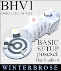 Bubble Habitat Vol1 (BHV1) Basic Setup Poses for Daz Studio 4 by Winterbrose. To each, their own! However, sometimes it is nice to get a creative boost, so we created this set of basic setup poses to help Daz Studio users configure the BHV1 in their scene. If you want to move it about as a group, then be sure to parent everything to the T section first. This set consists of 11 pose presets to arrange the following items: T section, Habitat, Habitat, Comm Array, Carpet, Sofa, Chair, Leg Rest, and Coffee Table. First load each of the desired items, and then one-by-one select each item and apply its pose preset. The T section and Habitat poses were designed to align the Bubble units. The accessory poses were designed to match the living module once it is aligned with the T. As a bonus (and because we wanted the TV to set higher), you can add a second Coffee Table and use pose 10 to place the coffee table, and then pose 11 to set the TV upon it.