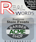 REAL-WORDS: Business Storefronts for Daz Studio by Winterbrose. Add some character to your street scenes with this set of 52 props (with variants) in DUF format representing Street Front titles for business locations in your artwork. Mix and match words to create your own unique virtual business names or use them to duplicate real-world organizations. A group has been created for each word that consists of both an inner and an outer model for each Word. You can Translate, Rotate, and Scale the group, or each of the individual model parts. Use Surfaces, Geometry and Parameters to create a wide variety of text effects like multicolor text, rope round, split type, highlighted letters, and inset (recessed) letters. Includes 2 preloadable scenes to immediately view all word props within DS. Includes the following Word props: ABC, ACE, ACME, AGENCY, ANTIQUE, ART, AUTO, BANK, BAR, BARBER, BOOK, CAFE, COFFEE, DENTIST, DETECTIVE, DINER, DOCTOR, DRESS, FAMILY, FIRM, FOOD, GALLERY, HOTEL, INTERNATIONAL, MARKET, SHOP, BAKERY, BICYCLE, CLEANER, CLINIC, CLUB, DENTAL, EMPLOYMENT, HARDWARE, INN, LAW, LAWYER, MEDICAL, MERCHANT, MOTEL, OFFICE, PHARMACY, PIZZA, PIZZERIA, POST, PUB, RESTAURANT, SHOPPE, STORE, STUDIO, SUPPLY, US. BONUS: Includes our Multi-Color script for Daz Studio 4.6+ to quickly colorize the Inner and Outer components of each word.