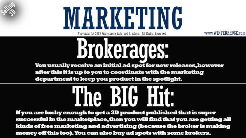 MARKETING. Brokerages, You usually receive an initial ad spot for new releases, however after this it is up to you to coordinate with the marketing department to keep you product in the spotlight. The BIG Hit, If you are lucky enough to get a 3D product published that is super successful in the marketplace, then you will find that you are getting all kinds of free marketing and advertising (because the broker is making money off this too).  You can also buy ad spots with some brokers.