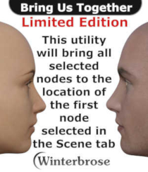 BRING US TOGETHER (Limited Edition) Scripting Short for Daz Studio 4 by Winterbrose. The Bring Us Together script will consolidate (move) all of the figures and props selected in the Scene tab to one location. The Limited Edition version has no controls and works fast and easy to bring nodes all together. First select the node you want to be the focal point and then select all other nodes that need relocated and then run the script by double-clicking its icon. For those of you interested in learning the Daz Script techniques used, please check out our upcoming release of the Bring Us Together full version with focal point options, axis selections, undo feature, and complete Daz Script sourcecode with developer training guide.
