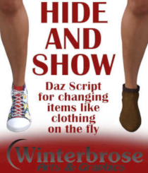 HIDE and SHOW - Daz Script by Winterbrose. This script allows you to hide and show items in the scene. It uses the Opacity channels to hide and item if shown, and show an item if hidden. Select one or more items in the Scene tab and double-click the script to execute. You can watch how it works on YouTube: