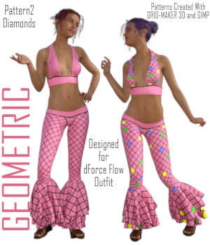 GEOMETRIC for dForce Flow Outfit, Part2 DIAMONDS by Winterbrose. This pack contains two complete texture sets (top and pants) for the Flow outfit. The main diamond pattern was created with Grid-Maker 3D and demonstrates how you can use geometric patterns that you create to make your own material presets for clothing. You can choose any color that fits your project. Create your own geometric patterns with GM3D and use them for texture styles. Enjoy!