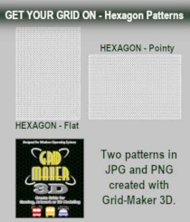 Get Your Grid On - Hexagon Patterns by Winterbrose. The two included patterns are sized at 353x505 and 505x353 pixels and provided in both JPG and PNG formats. These grids can be used for 3D texturing or 2D layouts. The two were created and saved in less than 30-seconds using the power of Grid-Maker 3D. Start your next project requiring objects and images to be aligned or properly placed using hexagon patterns with a custom grid created by yourself.