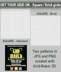 Get Your Grid On - Square and Brick Patterns by Winterbrose. The two included patterns are sized at 501x501 pixels and provided in both JPG and PNG formats. These grids can be used for 3D texturing or 2D layouts. The two were created and saved in less than 30-seconds using the power of Grid-Maker 3D. Start your next project requiring objects and images to be aligned or properly placed with a custom grid created by yourself.