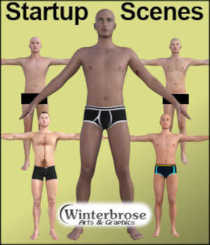 STARTUP SCENES for Daz Males in Daz Studio by Winterbrose. This collection of seven scene preloads features these five DAZ male figures in one place: M4, G1M, G2M, G3M, and G8M. Use it to quickly change or add/merge these males into the scene, or use these as the locations for setting up your startup scene for Daz Studio. Basic scenes include Michael 4 (default Dressed), Genesis Basic Male (default Nude), Genesis 2 Male (default Nude), Genesis 3 Male (default Nude and Dressed), and Genesis 8 Male (default Nude and Dressed). Figures must be installed with all basic content to function properly. Licensed for personal and commercial use.