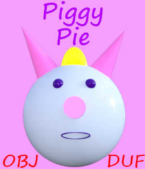 PIGGY-PIE 3D Model in Wavefront OBJ and Daz Studio DUF Formats by Winterbrose. Just having a little fun creating something cute using only Daz Studio. Everything was completed inside DS without any other tools. We started with just the basic primitve shapes by creating, scaling and positioning them. We used the Surface parameters to colorize our little cutey, and then we used the built-in Geometry editor to name all of the face groups and surfaces. We exported as an OBJ and Improted that final design to create the DUF. Use this for whatever cute projects you have both personal and commercial. Enjoy!