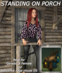 STANDING ON PORCH Pose for Genesis 8 Female (G8F) and Babushka Yaga House for DS by Winterbrose. When you purchase the Babushka Yaga House for Daz Studio, you can get started right away with this model specific pose for the Genesis 8 Female (G8F) standing on the porch. This pose is licensed for both commercial and non-commercial renders.
