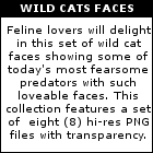 Feline lovers will delight in this set of wild cat faces showing some of today's most fearsome predators with such loveable faces. This collection features a set of  eight (8) hi-res PNG files with transparency.